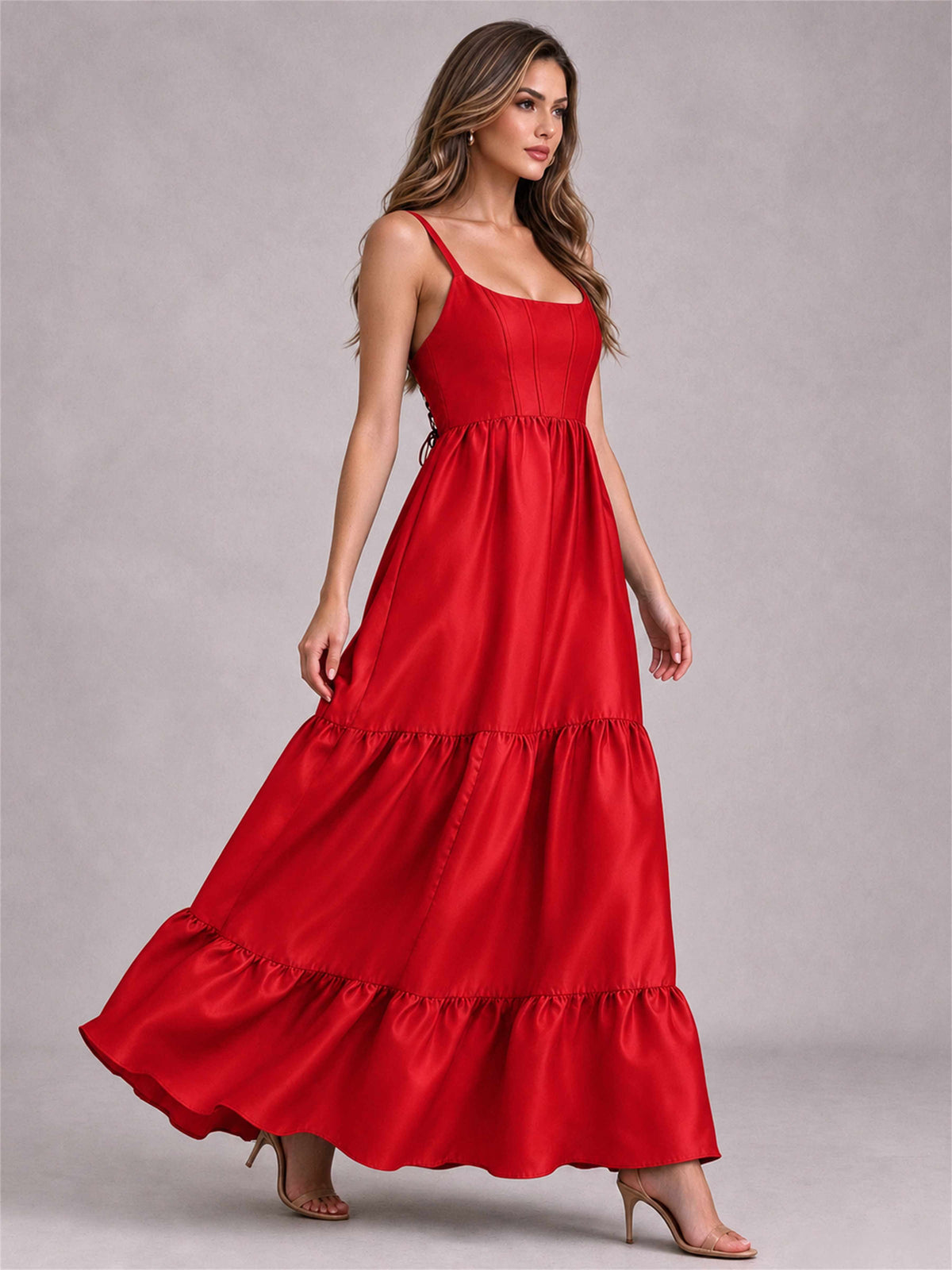 Square Neck A-Line Spaghetti Straps Satin Sleeveless Floor-Length Wedding Guest Dress