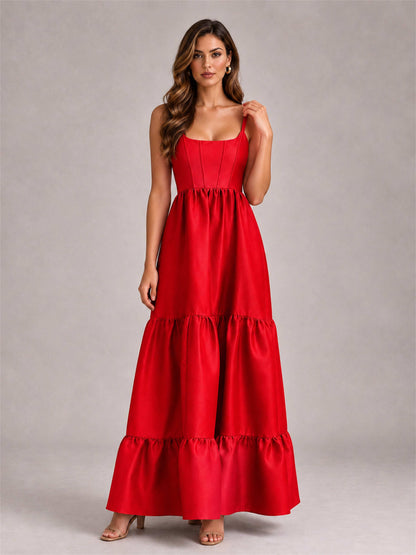Square Neck A-Line Spaghetti Straps Satin Sleeveless Floor-Length Wedding Guest Dress
