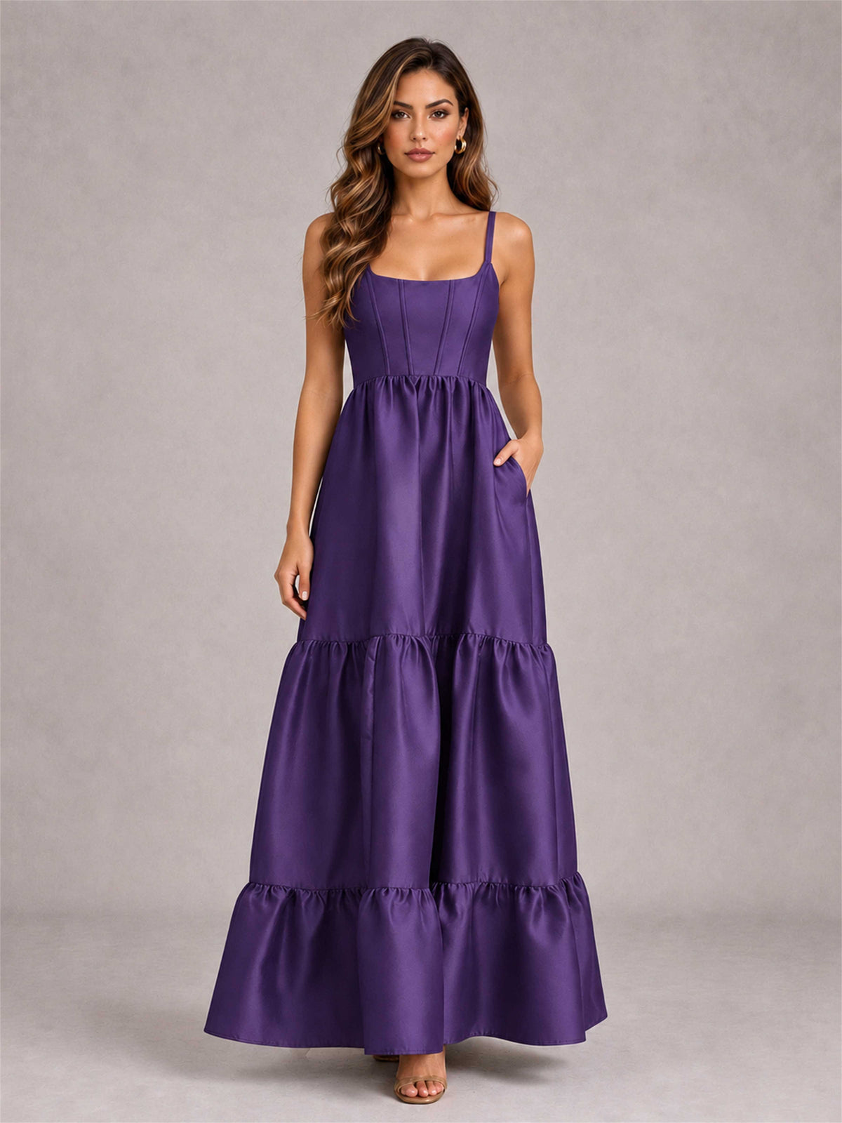 Square Neck A-Line Spaghetti Straps Satin Sleeveless Floor-Length Wedding Guest Dress