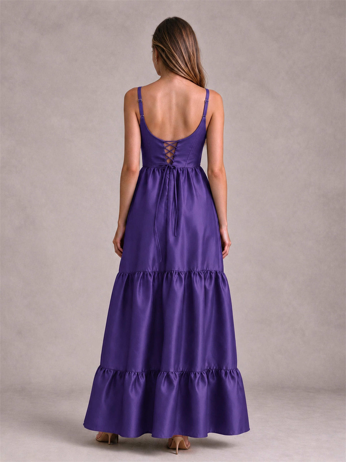 Square Neck A-Line Spaghetti Straps Satin Sleeveless Floor-Length Wedding Guest Dress