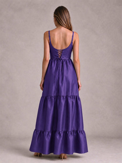 Square Neck A-Line Spaghetti Straps Satin Sleeveless Floor-Length Wedding Guest Dress