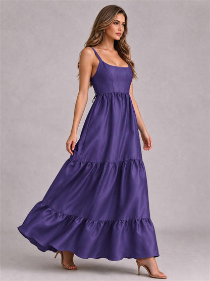 Square Neck A-Line Spaghetti Straps Satin Sleeveless Floor-Length Wedding Guest Dress