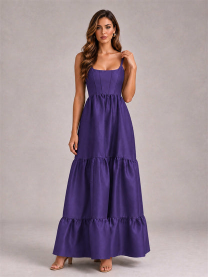 Square Neck A-Line Spaghetti Straps Satin Sleeveless Floor-Length Wedding Guest Dress