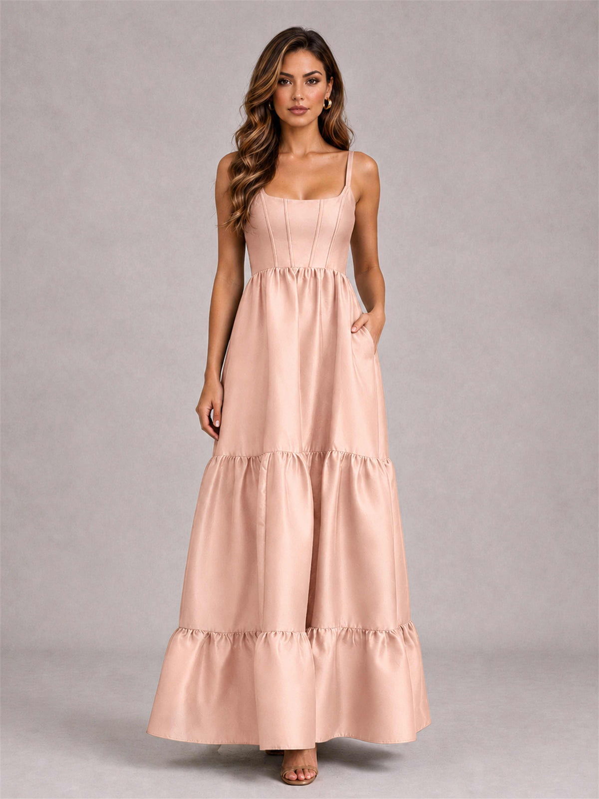 Square Neck A-Line Spaghetti Straps Satin Sleeveless Floor-Length Wedding Guest Dress