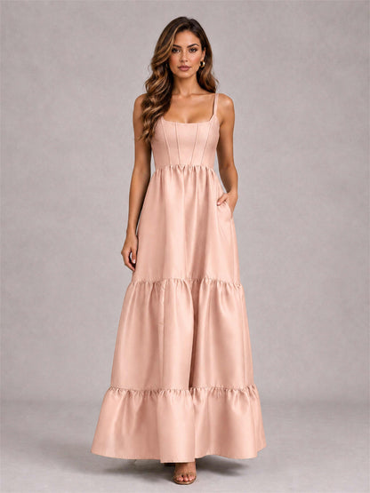 Square Neck A-Line Spaghetti Straps Satin Sleeveless Floor-Length Wedding Guest Dress