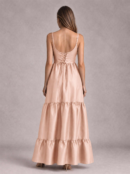 Square Neck A-Line Spaghetti Straps Satin Sleeveless Floor-Length Wedding Guest Dress