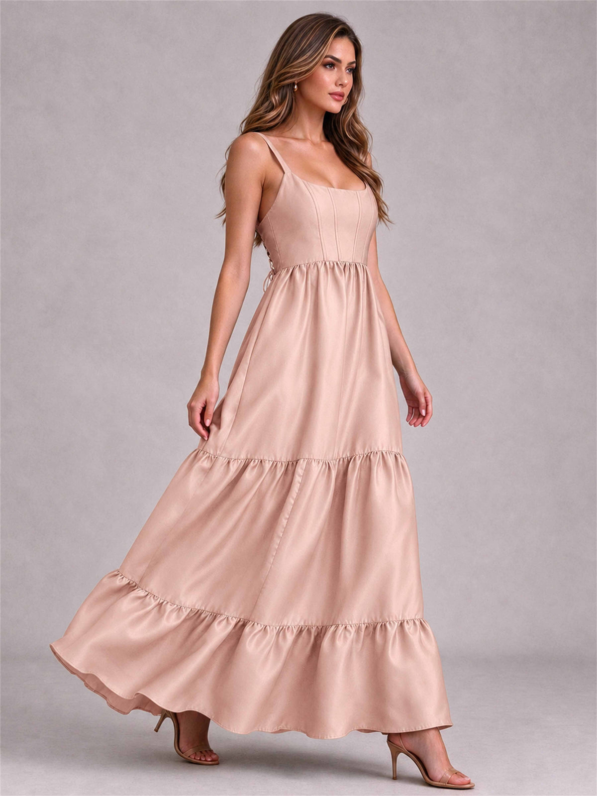 Square Neck A-Line Spaghetti Straps Satin Sleeveless Floor-Length Wedding Guest Dress