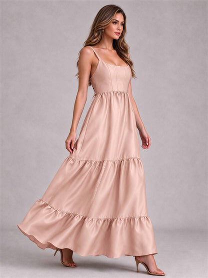 Square Neck A-Line Spaghetti Straps Satin Sleeveless Floor-Length Wedding Guest Dress