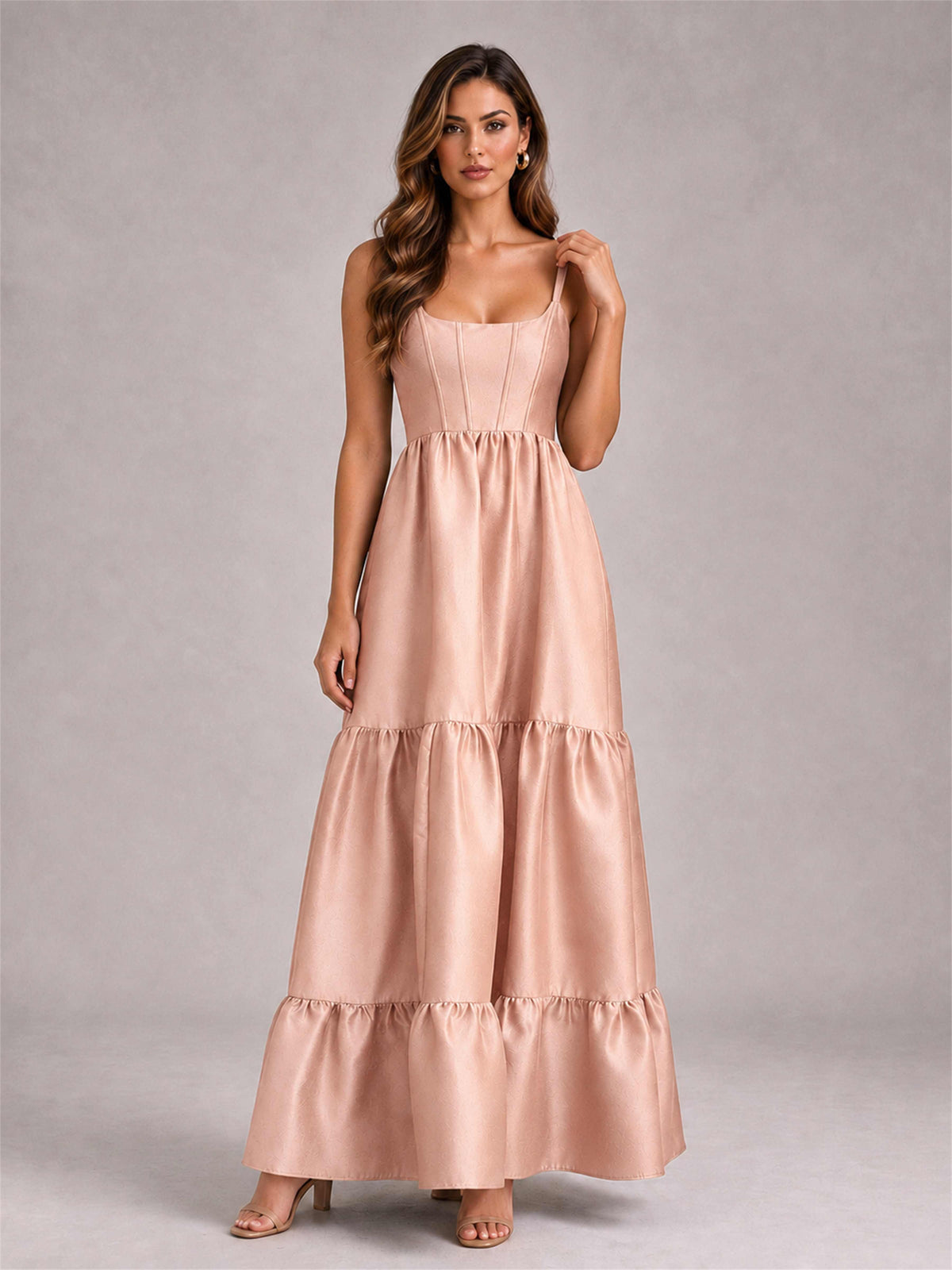 Square Neck A-Line Spaghetti Straps Satin Sleeveless Floor-Length Wedding Guest Dress