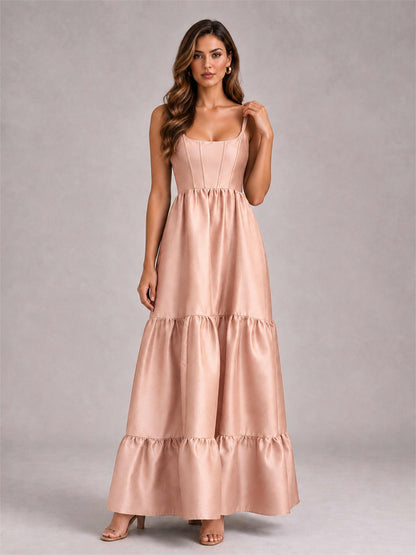 Square Neck A-Line Spaghetti Straps Satin Sleeveless Floor-Length Wedding Guest Dress