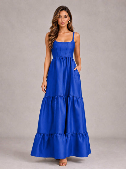 Square Neck A-Line Spaghetti Straps Satin Sleeveless Floor-Length Wedding Guest Dress