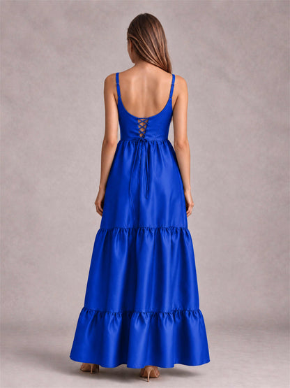 Square Neck A-Line Spaghetti Straps Satin Sleeveless Floor-Length Wedding Guest Dress