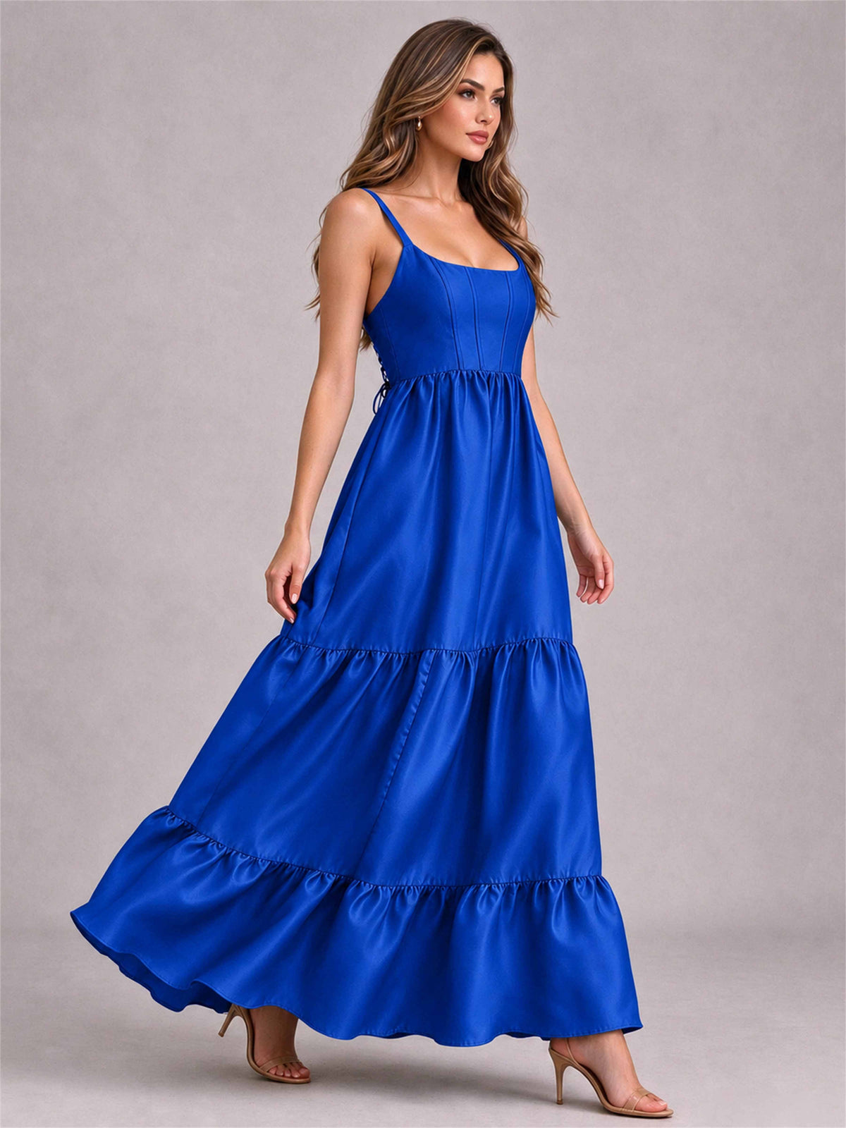 Square Neck A-Line Spaghetti Straps Satin Sleeveless Floor-Length Wedding Guest Dress