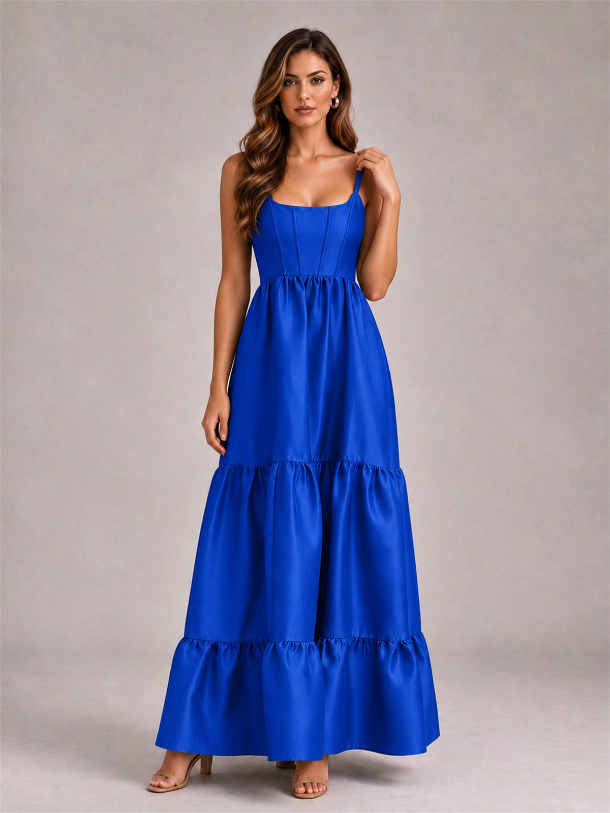 Square Neck A-Line Spaghetti Straps Satin Sleeveless Floor-Length Wedding Guest Dress