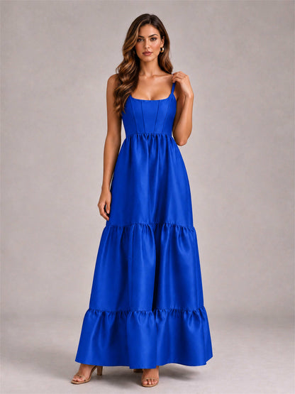 Square Neck A-Line Spaghetti Straps Satin Sleeveless Floor-Length Wedding Guest Dress