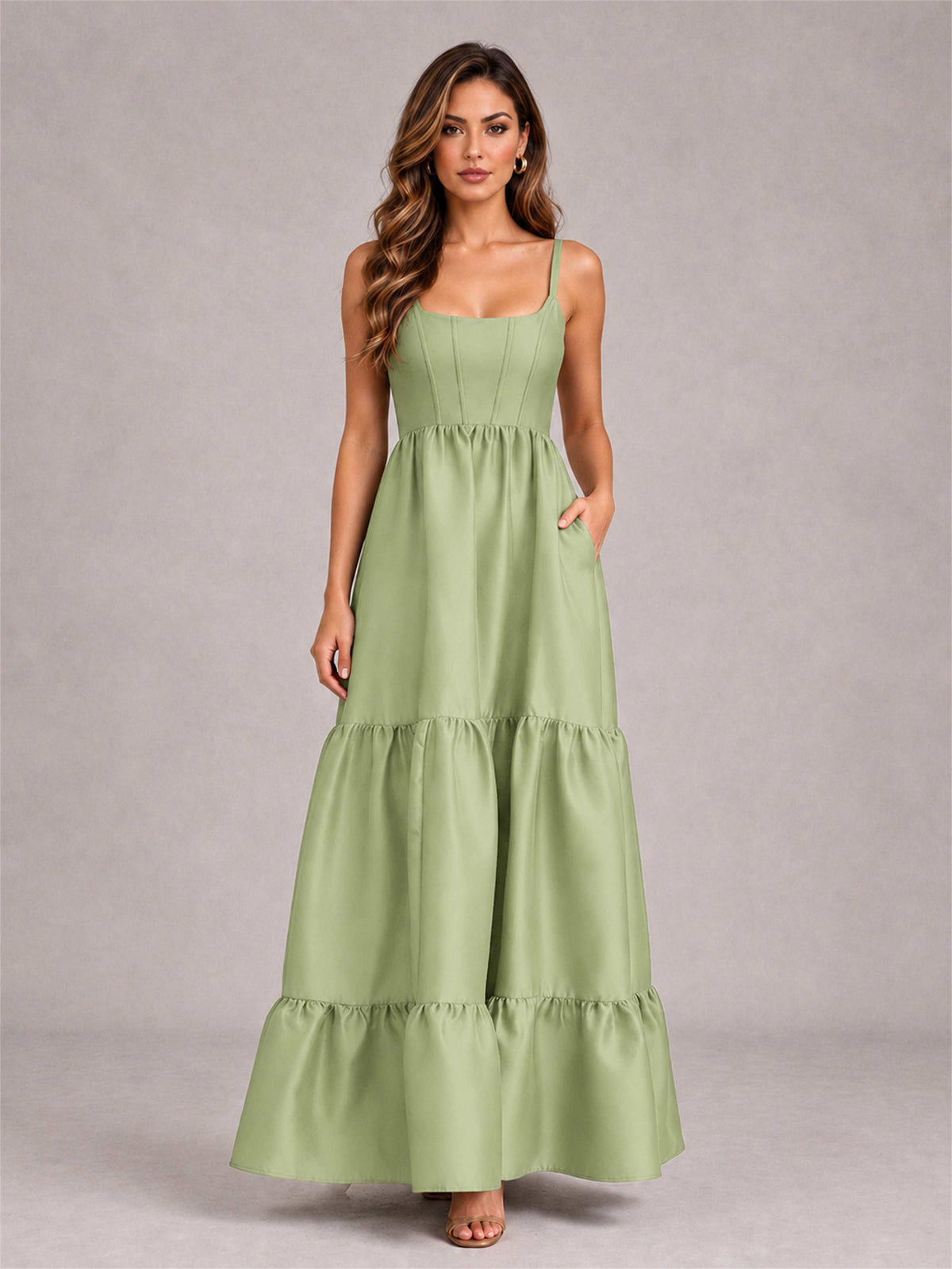 Square Neck A-Line Spaghetti Straps Satin Sleeveless Floor-Length Wedding Guest Dress