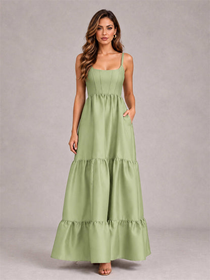 Square Neck A-Line Spaghetti Straps Satin Sleeveless Floor-Length Wedding Guest Dress
