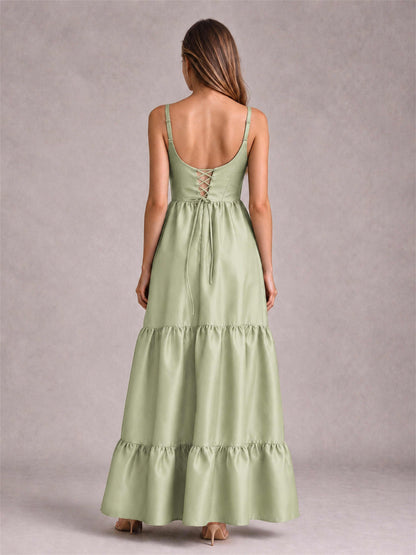 Square Neck A-Line Spaghetti Straps Satin Sleeveless Floor-Length Wedding Guest Dress