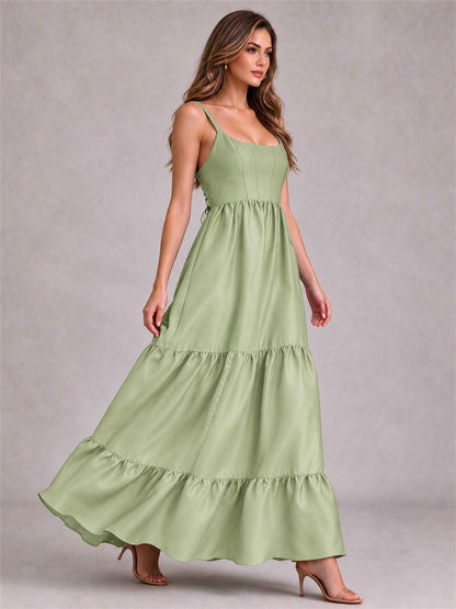 Square Neck A-Line Spaghetti Straps Satin Sleeveless Floor-Length Wedding Guest Dress