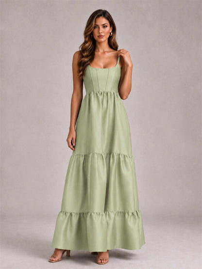 Square Neck A-Line Spaghetti Straps Satin Sleeveless Floor-Length Wedding Guest Dress