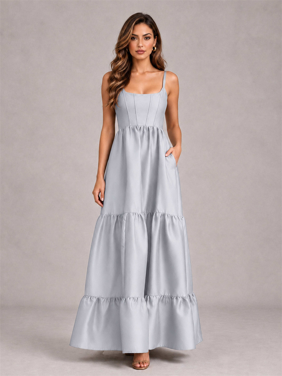 Square Neck A-Line Spaghetti Straps Satin Sleeveless Floor-Length Wedding Guest Dress