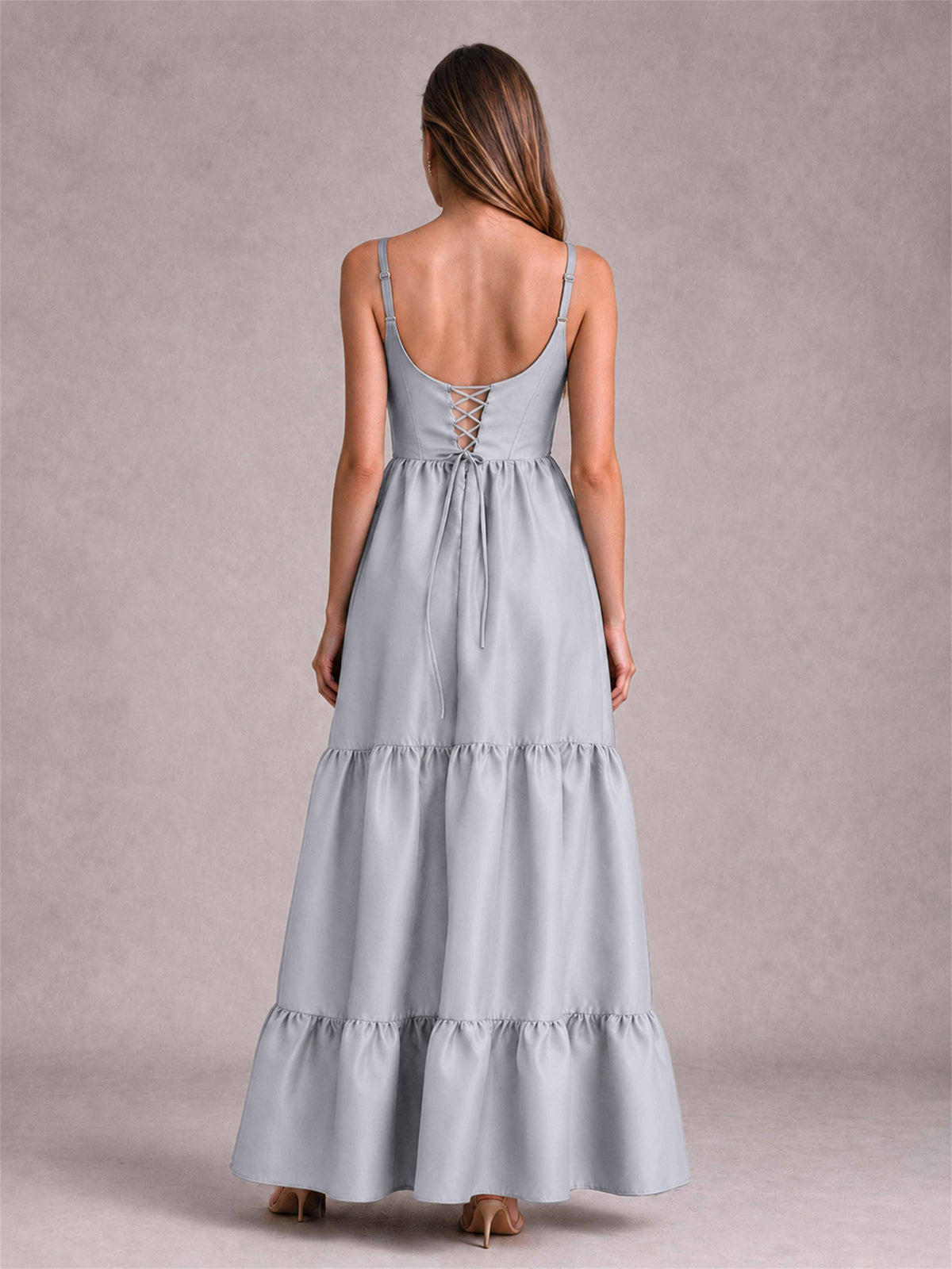 Square Neck A-Line Spaghetti Straps Satin Sleeveless Floor-Length Wedding Guest Dress