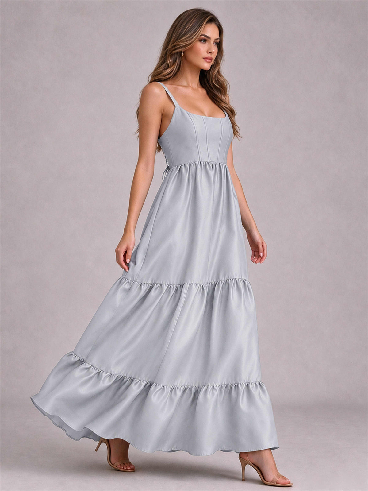Square Neck A-Line Spaghetti Straps Satin Sleeveless Floor-Length Wedding Guest Dress