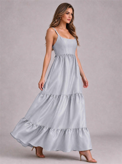 Square Neck A-Line Spaghetti Straps Satin Sleeveless Floor-Length Wedding Guest Dress