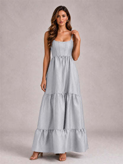 Square Neck A-Line Spaghetti Straps Satin Sleeveless Floor-Length Wedding Guest Dress