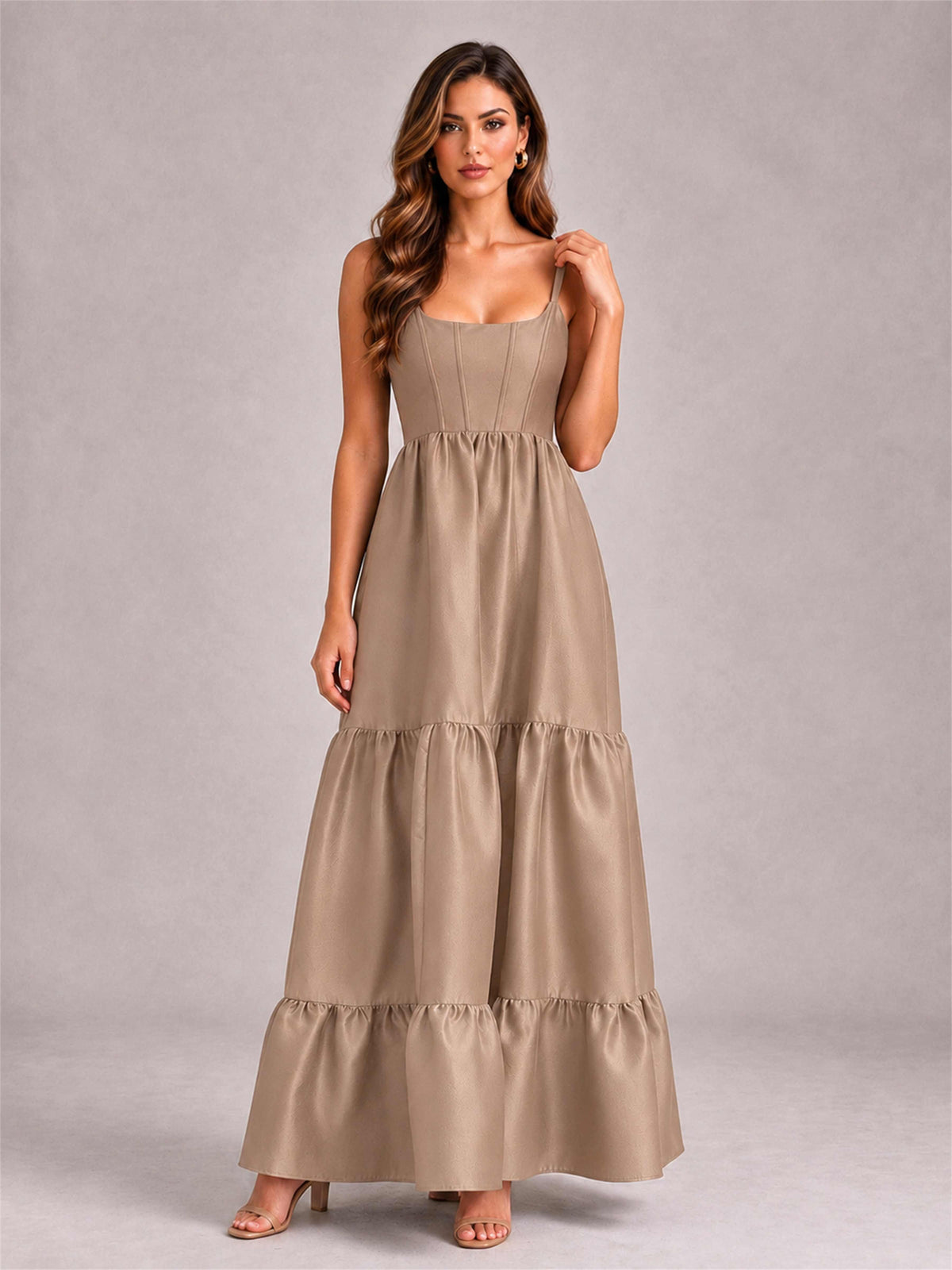 Square Neck A-Line Spaghetti Straps Satin Sleeveless Floor-Length Wedding Guest Dress