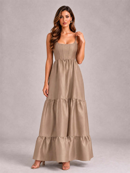 Square Neck A-Line Spaghetti Straps Satin Sleeveless Floor-Length Wedding Guest Dress