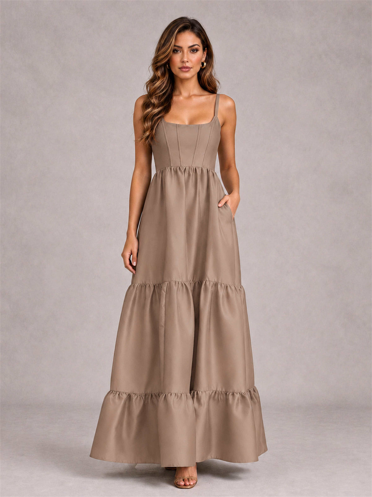 Square Neck A-Line Spaghetti Straps Satin Sleeveless Floor-Length Wedding Guest Dress