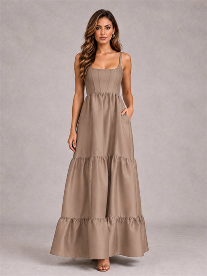 Square Neck A-Line Spaghetti Straps Satin Sleeveless Floor-Length Wedding Guest Dress