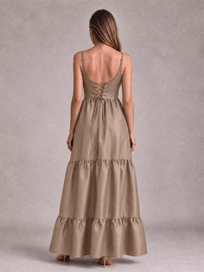 Square Neck A-Line Spaghetti Straps Satin Sleeveless Floor-Length Wedding Guest Dress