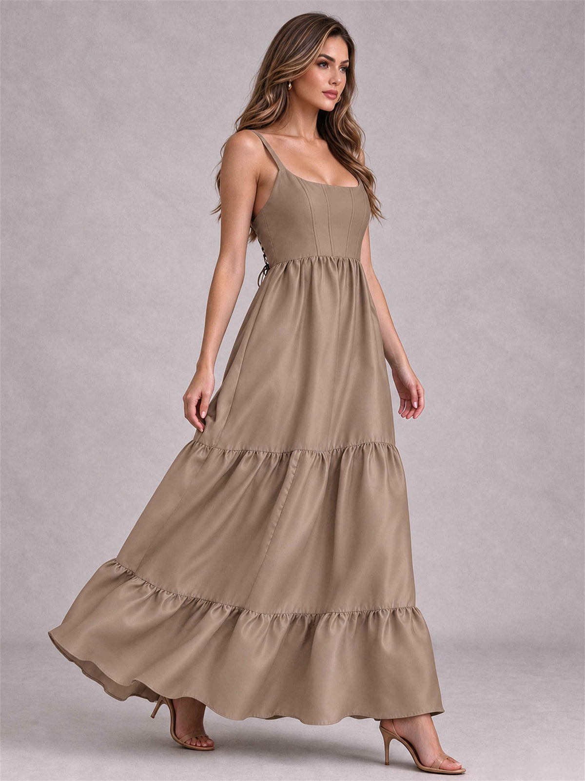 Square Neck A-Line Spaghetti Straps Satin Sleeveless Floor-Length Wedding Guest Dress