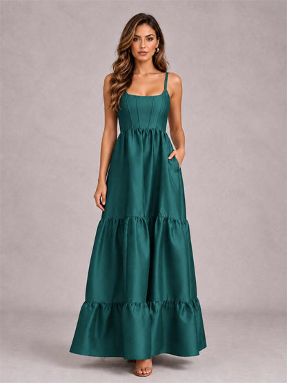 Square Neck A-Line Spaghetti Straps Satin Sleeveless Floor-Length Wedding Guest Dress