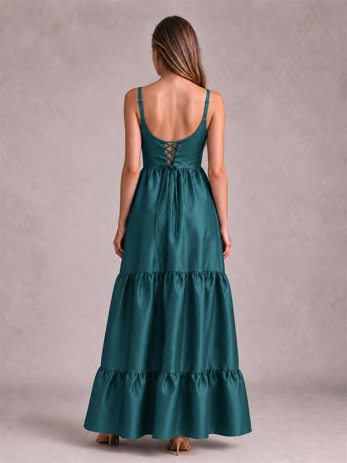 Square Neck A-Line Spaghetti Straps Satin Sleeveless Floor-Length Wedding Guest Dress