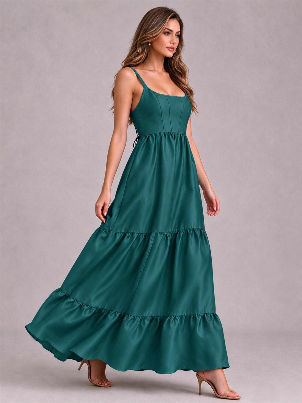 Square Neck A-Line Spaghetti Straps Satin Sleeveless Floor-Length Wedding Guest Dress