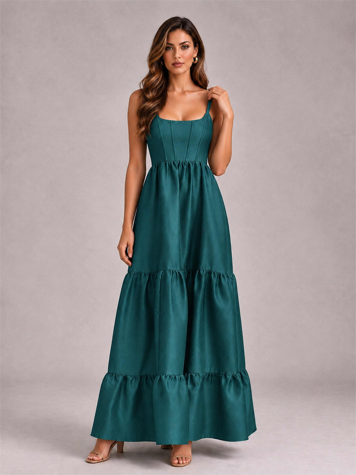 Square Neck A-Line Spaghetti Straps Satin Sleeveless Floor-Length Wedding Guest Dress