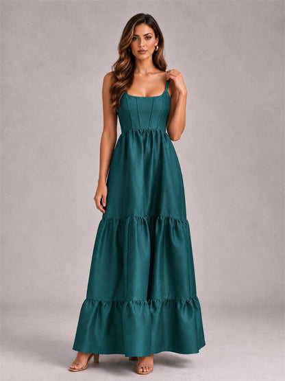 Square Neck A-Line Spaghetti Straps Satin Sleeveless Floor-Length Wedding Guest Dress