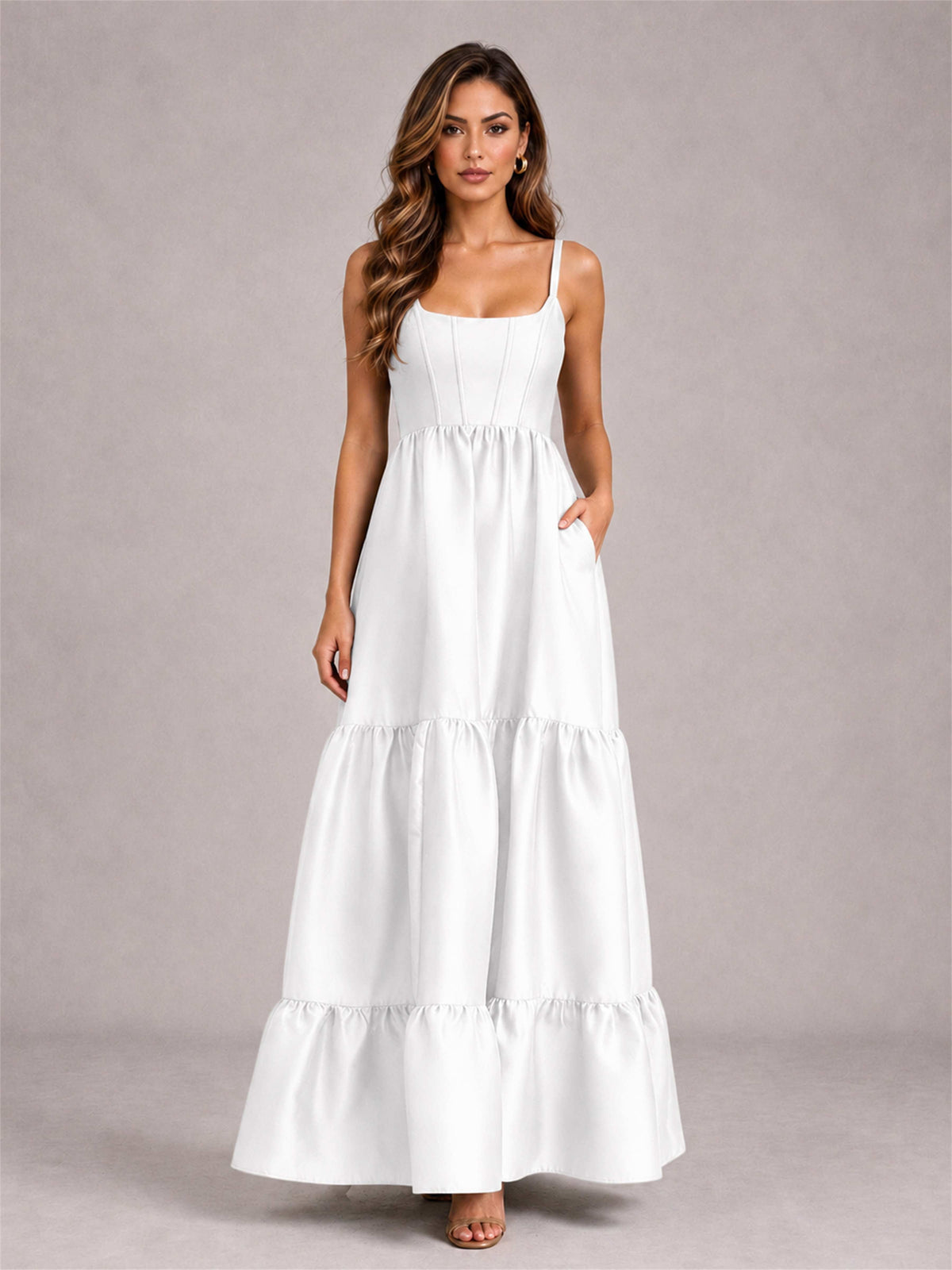 Square Neck A-Line Spaghetti Straps Satin Sleeveless Floor-Length Wedding Guest Dress