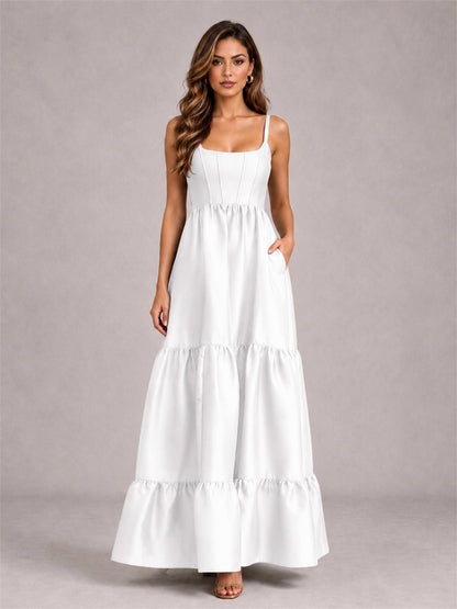 Square Neck A-Line Spaghetti Straps Satin Sleeveless Floor-Length Wedding Guest Dress