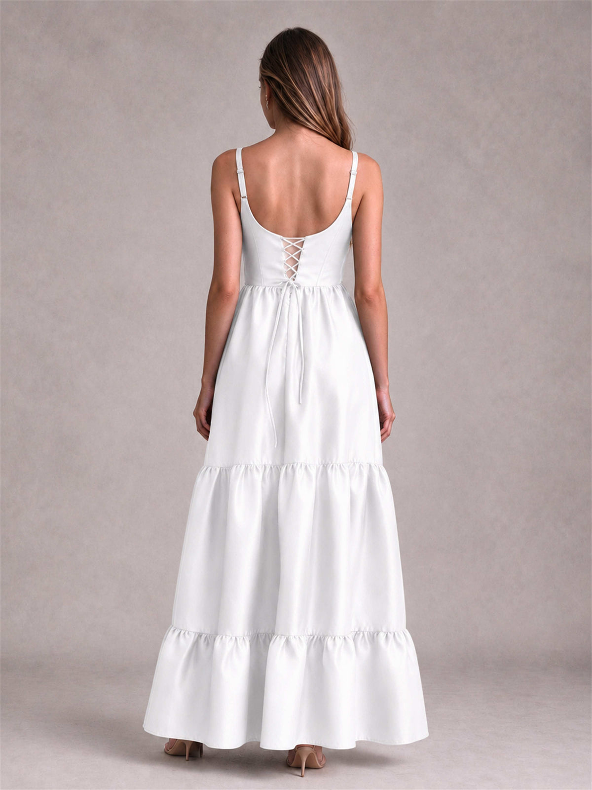 Square Neck A-Line Spaghetti Straps Satin Sleeveless Floor-Length Wedding Guest Dress