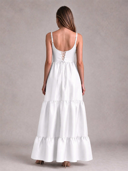 Square Neck A-Line Spaghetti Straps Satin Sleeveless Floor-Length Wedding Guest Dress
