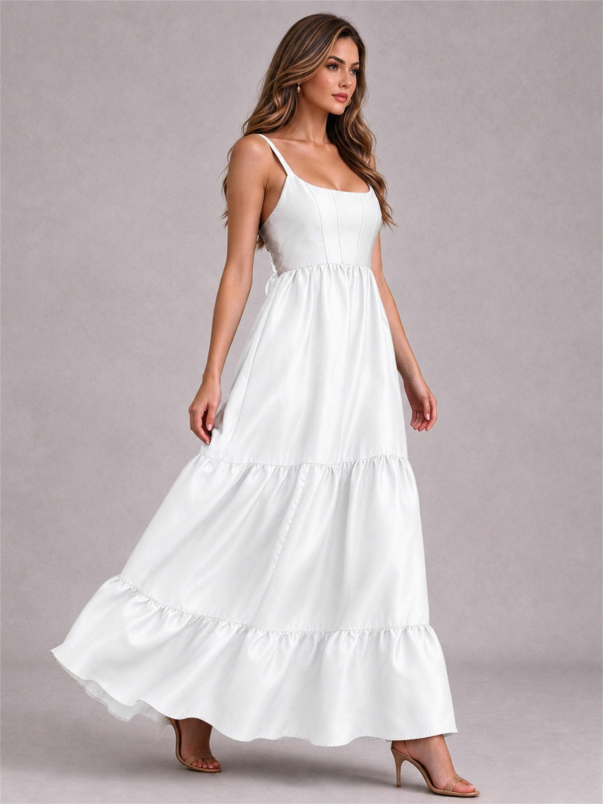 Square Neck A-Line Spaghetti Straps Satin Sleeveless Floor-Length Wedding Guest Dress