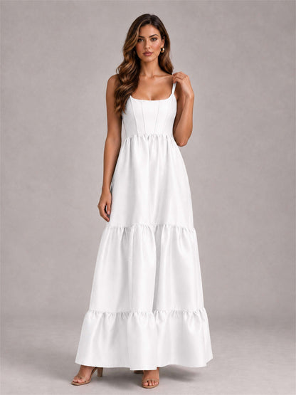 Square Neck A-Line Spaghetti Straps Satin Sleeveless Floor-Length Wedding Guest Dress