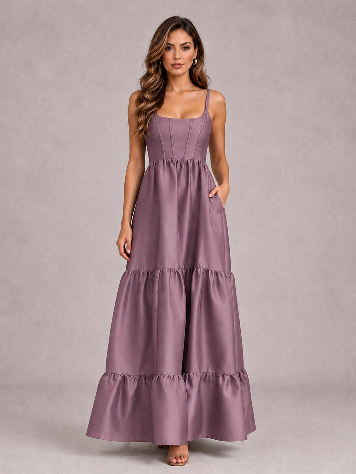 Square Neck A-Line Spaghetti Straps Satin Sleeveless Floor-Length Wedding Guest Dress
