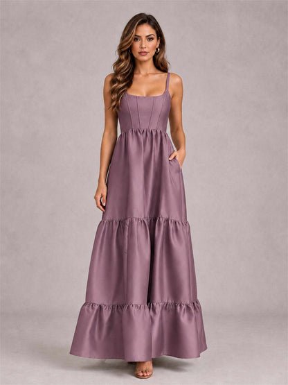 Square Neck A-Line Spaghetti Straps Satin Sleeveless Floor-Length Wedding Guest Dress