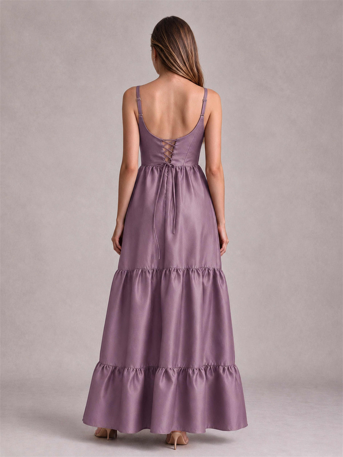 Square Neck A-Line Spaghetti Straps Satin Sleeveless Floor-Length Wedding Guest Dress