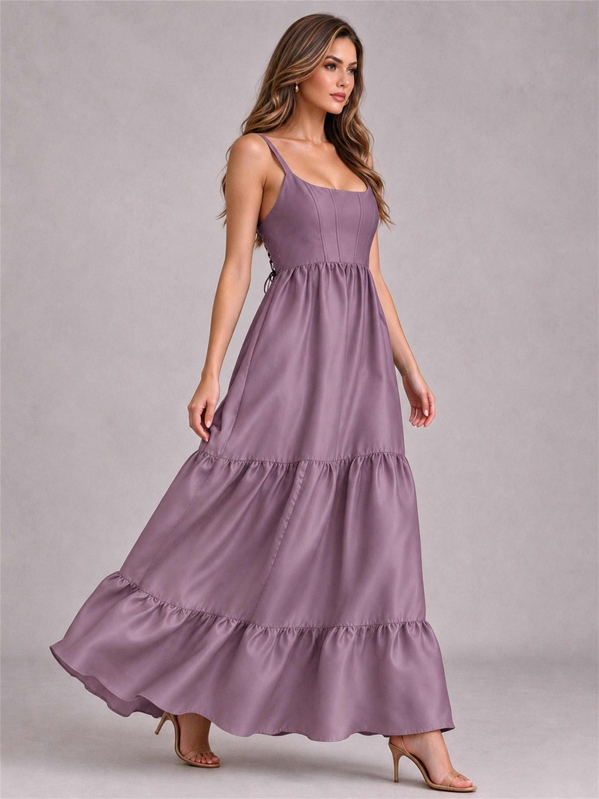 Square Neck A-Line Spaghetti Straps Satin Sleeveless Floor-Length Wedding Guest Dress